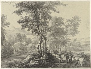 Skogbevuxen landskap med resenärer