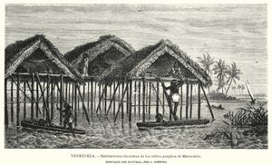 Wayuu (Guajiro) indianernas bostäder vid sjöar, Maracaibo, Venezuela (litho) av Christian Anton Goering