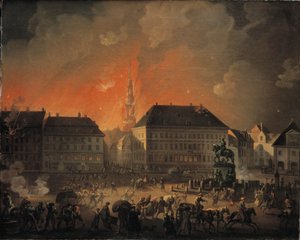 The Most Terrible Night, vy från Kongens Nytorv i Köpenhamn under det engelska bombardemanget av Köpenhamn natten mellan den 4 och 5 september 1807 av Christian August Lorentzen