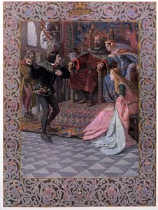 Hamlet före kung Claudius, drottning Gertrud och Ophelia, scen från "Hamlet" av William Shakespeare (1564-1616) c.1900