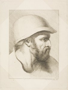 Skäggigt manshuvud med stålhjälm av Christian Frederick Köhlitz