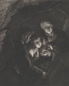 Nattscen i en grotta med en gammal kvinna som håller brinnande kol i en gryta, en pojke blåser..., ca. 1750-57 av Christian Friedrich Boëtius
