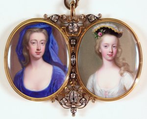 Lady Henrietta Cavendish Holles Harley och hennes dotter Margaret (emalj) (se även 3076141) av Christian Friedrich Zincke
