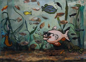 Big Pink Fish in Fishy World 1988 (olja på duk) av Christian Furr