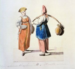 Series sur les marchands de Moscow: mejeri. Dairywoman (Ur serien The Moscow Merchants). Teckning av Christian Gottfried Heinrich Geissler (1770-1844)