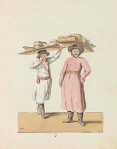 Fruktförsäljare och bonde som säljer ost och sill Ur serien St. Petersburg..., 1799.