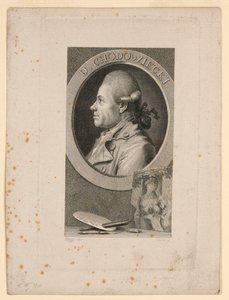 Porträtt av Daniele Chodoiecki, frontispice för "Neue Bibliotheh der sönen Wissenschaften," Leipzig, Tyskland, 1780 av Christian Gottlieb Geyser