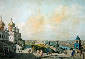 Moskva, utsikt över staden, vänster om Kreml (gravyr med akvarell)