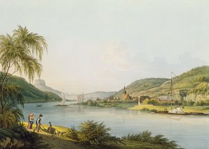 Utsikt över den södra delen av Schandau på Elbe i Sachsen på gränsen till Böhmen (gravyr med akvarell)