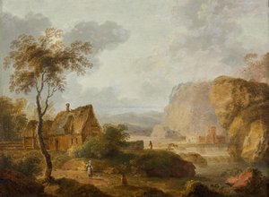 Bergslandskap med flod och gård