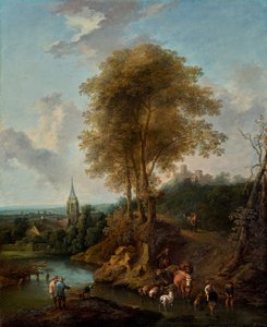 Landskap med tre träd och en kyrka