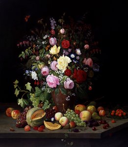 Stilleben med blommor och frukt. Målning av Christian Mollback (1853-1921) Privat samling. av Christian Mollback