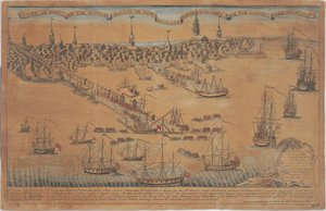 En vy över en del av staden Boston i New England och brittiska krigsfartyg som landar sina trupper! av Christian Remick