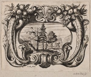 Emblem med en trädgårdsmästare och en amor som planterar ett träd