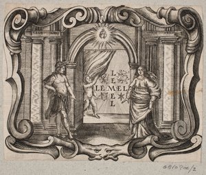 Emblem med portal, man och kvinna, cupid och två brinnande hjärtan