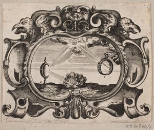 Emblem med sol som strålar genom en ring och genom ett brinnande glas för att antända en eld