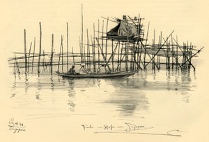 Hus på pålar och fiskare i Singapores hamn, 1898. av Christian Wilhelm Allers