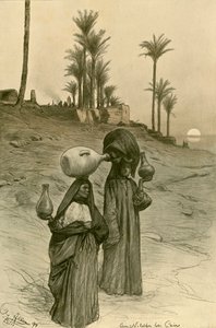 Kvinnor som bär vattenkrukor på Nilens strand, Kairo, Egypten, 1898. av Christian Wilhelm Allers