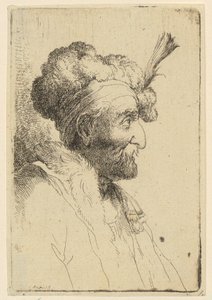 Bröstbild av en man med pälsmössa och mustasch, i profil åt höger av Christian Wilhelm Ernst Dietrich