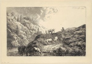 En djurhjord vid floden [Oxar drivna till vattenhålet] av Christian Wilhelm Ernst Dietrich