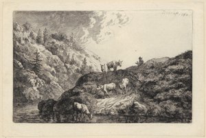 En djurhjord vid floden [Oxar drivna till vattenstället] av Christian Wilhelm Ernst Dietrich
