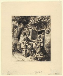 Halvfigur av en sittande man med fjäderprydd hatt och glasögon i vänster hand av Christian Wilhelm Ernst Dietrich