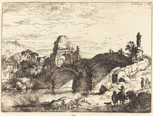 Landskap med en bro och ruinerat torn av Christian Wilhelm Ernst Dietrich