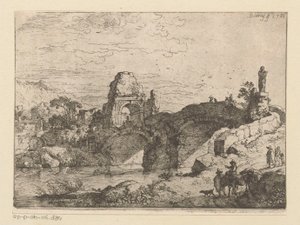 Landskap med ruinerna av en port intill en förfallen bro av Christian Wilhelm Ernst Dietrich