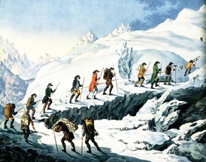 2nd Ascent of the Mont Blanc av Horace-Benedict de Saussure augusti 1787, färgad gravyr av Marquardt Wocher publicerad 1790