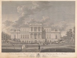 Welgelegen: Utsikt över fasaden på lanthuset som heter Welgelegen i Harlem Wood, tillhörande Mr. Henry Hope från Amsterdam