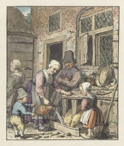 Bondefamilj som matar grisarna
