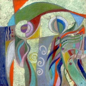 Annunciation, ca 1999 (färgpenna, gouache och bladguld på skiffer)