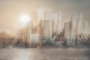 Ett suddigt stadslandskap i skenet