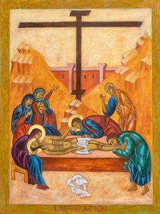 The Lamentation Icon, 2022 (äggtempera, bladguld, trä) av Christine Hales
