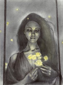 Drömmande kvinna och strålande blommor av Christine Lindstrom