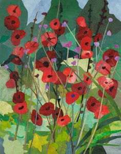 Cornerways Hollyhocks, 2025 (akvarellmålat papperscollage) av Christine McKechnie
