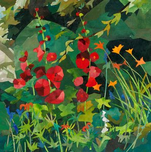 Cornerways trädgård med stockrosor, 2025 (akvarellmålat papperscollage) av Christine McKechnie