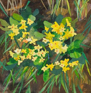 Southolt Primroses, 2025 (akvarellmålat papperscollage) av Christine McKechnie