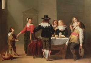 En vaktrumsinredning med soldater som äter och dricker i kvinnligt kompani, 1639