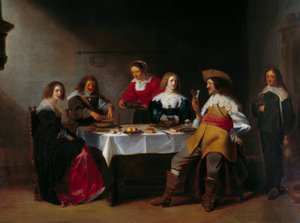 Detalj av "" Company meal"" Målning av Christophe Van Der Lamen (1606-1651) (ec.flam) 1600-talets Rouen, Musee des Beaux Arts.