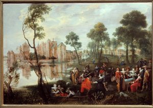 Snack i en galant scenpark. Målning av Christophe Van der Lamen (1606-1651)