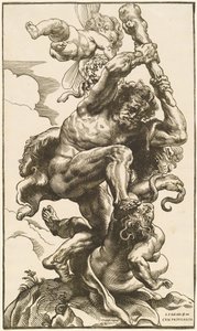 Hercules som kämpar mot raseri och oenighet av Christoffel Jegher after Sir Peter Paul Rubens
