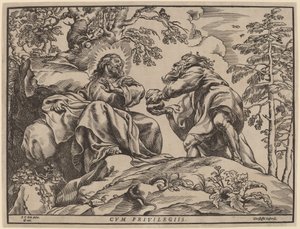 Kristi frestelse av djävulen av Christoffel Jegher after Sir Peter Paul Rubens