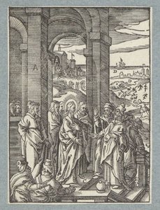 Fariséerna och de skriftlärda ber om ett tecken på Kristus av Christoffel van Sichem (II)