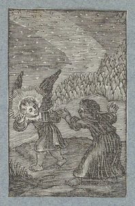 Ängel med lykta visar barnet vägen Pia Desideria (serietitel) av Christoffel van Sichem (II)