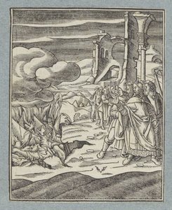 Kora, Datan och Abiram och deras familjer är uppslukade av jorden av Christoffel van Sichem (II)