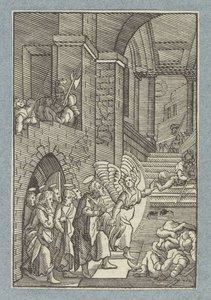 Petrus och de andra apostlarna släpps ur fängelset av en ängel av Christoffel van Sichem (II)