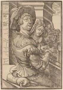 En ung man spelar ett psalterium av Christoffel van Sichem I after Hendrik Goltzius