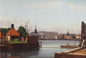Danska: Børsen, Christiansborg, Holmens Kirke, set fra Asiatisk Kompagnis Plads Börsen, Christiansborg och Holmens kyrka, sett från Asiatisk Kompagnis plats. av Christoffer Wilhelm Eckersberg