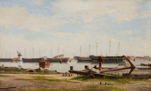 Parti av Nyholm med kranen och några örlogsfartyg av Christoffer Wilhelm Eckersberg